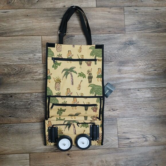 NEW Jade Rolling Tote Foldable Shopping Bag Wheels Luggage Hawaiian Hula Girls - Picture 1 of 14